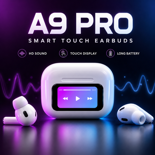 A9 Pro Smart Touch Display Wireless Earbuds with HD Sound & Long Battery – Black & White