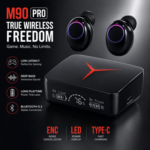 M90 Pro True Wireless Gaming Earbuds with Bluetooth | Powerful Bass & Digital Battery Display